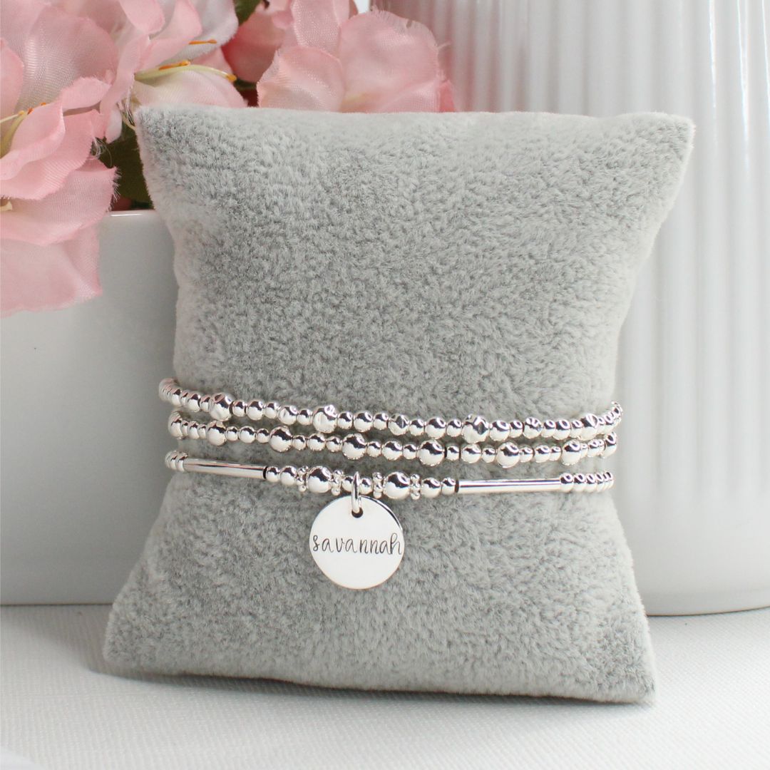 Silver Beaded Bracelet Stack –  Personalized Bella Love Drop