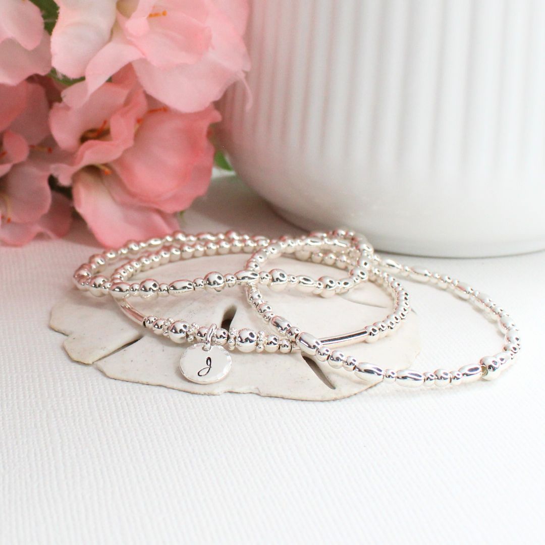 Silver Beaded Bracelet Stack –  Personalized Mia Love Drop