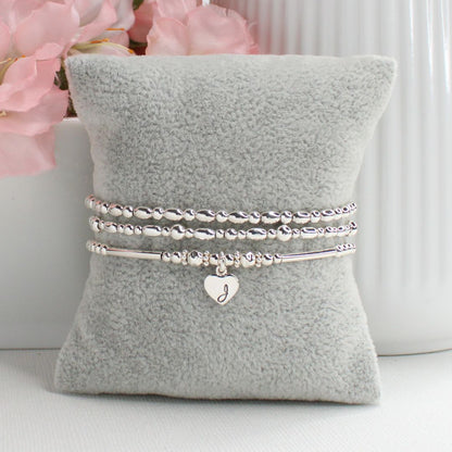 Silver Beaded Bracelet Stack –  Personalized Valentina Petite Love Drop