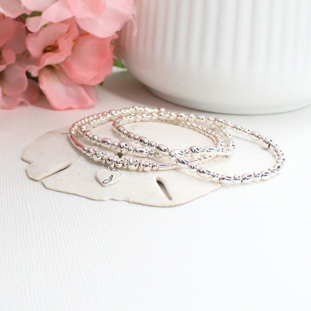 Silver Beaded Bracelet Stack –  Personalized Valentina Petite Love Drop