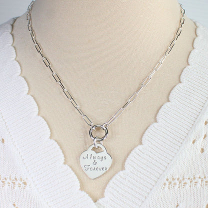 Sterling Silver Heart Pendant Paperclip Chain with Charmer Clasp - Always & Forever, Valentina grande