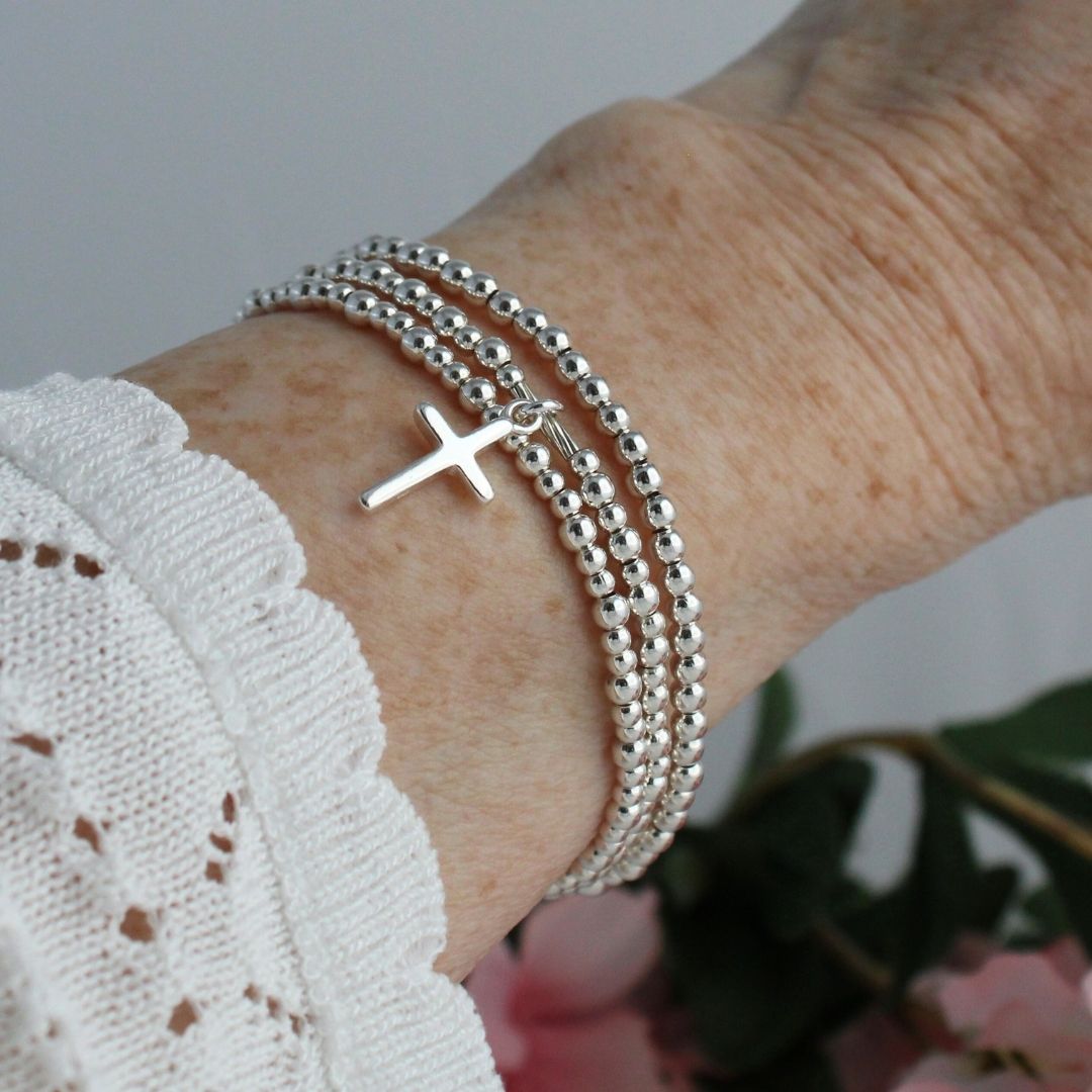 Plain Cross Charm Beaded Stacking Bracelet