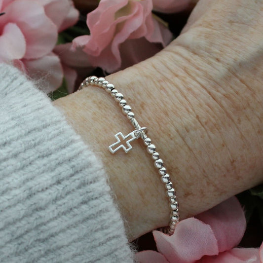 Small Open Cross Charm Silver Bead Stacking Bracelet