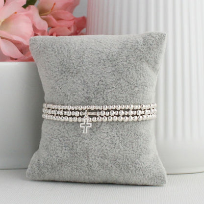 Small Open Cross Charm Silver Bead Stacking Bracelet