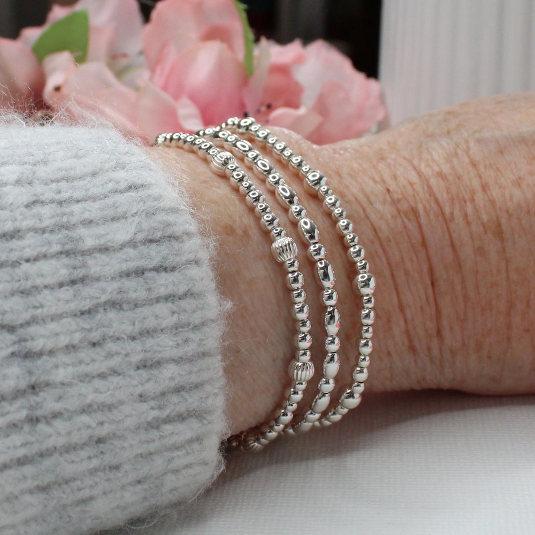 Silver Beaded Bracelet Stack –  Modern Minimalist - Sophie, Katie, Iris