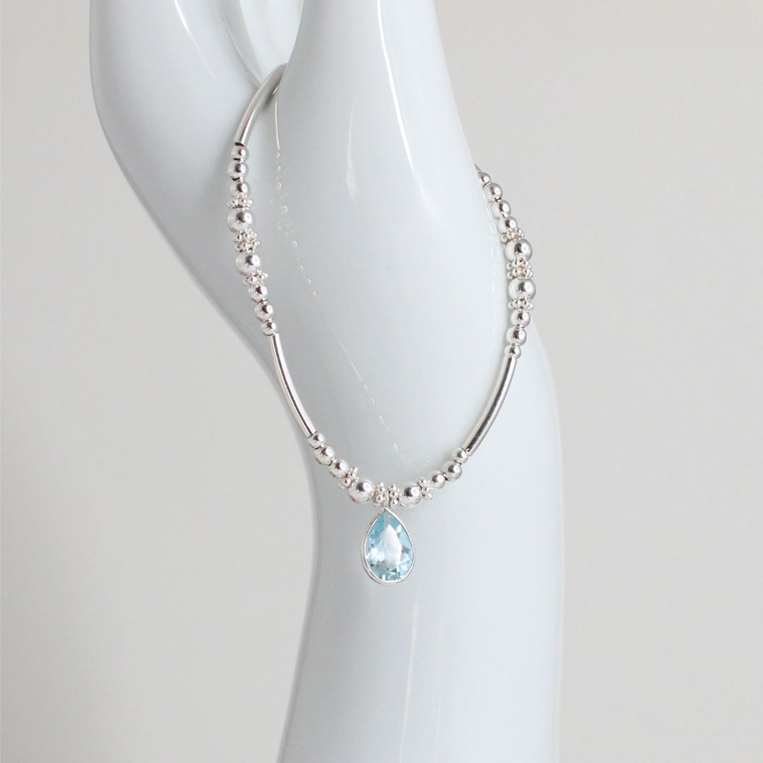 Sterling Silver Beaded Stacking Bracelet with Aquamarine – Celeste - Limited Edition