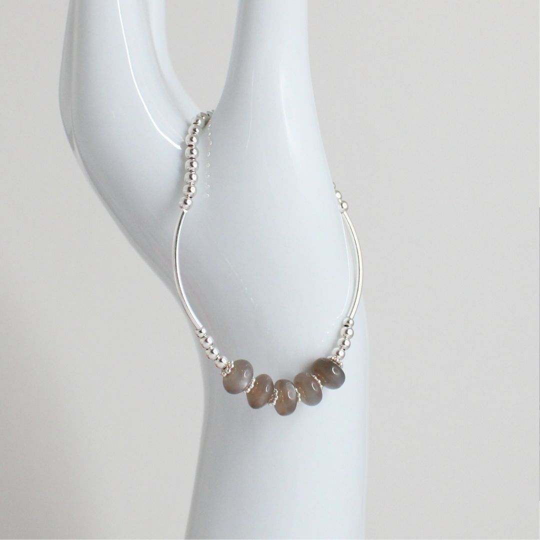 Sterling Silver Beaded Stacking Bracelet with Chocolate Moonstone - Mocha Twist