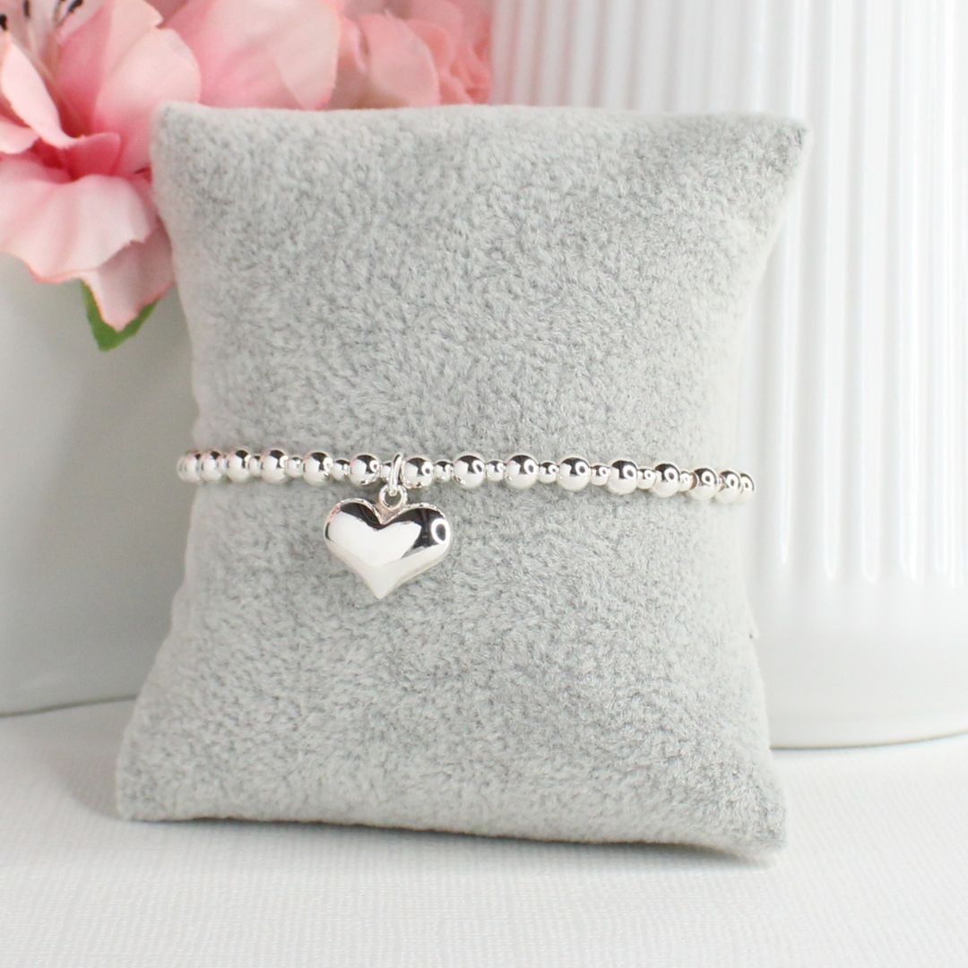 Large Puffed Heart Charm Silver Bead Stacking Bracelet - Lydia