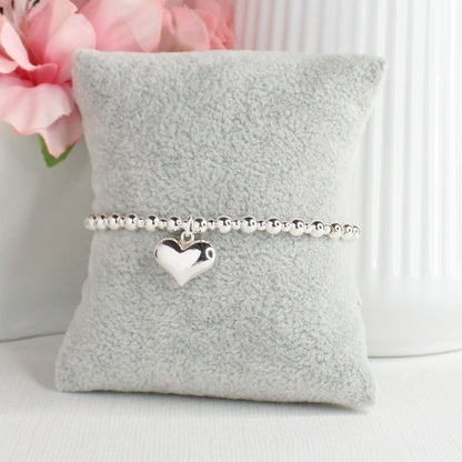 Large Puffed Heart Charm Silver Bead Stacking Bracelet - Lydia