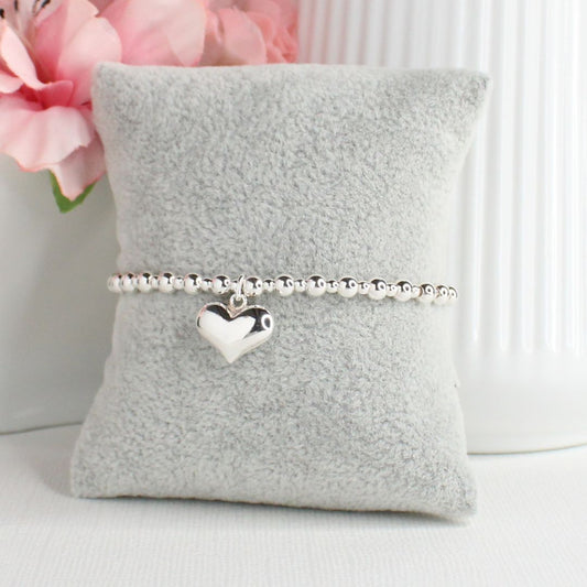 Large Puffed Heart Charm Silver Bead Stacking Bracelet - Lydia