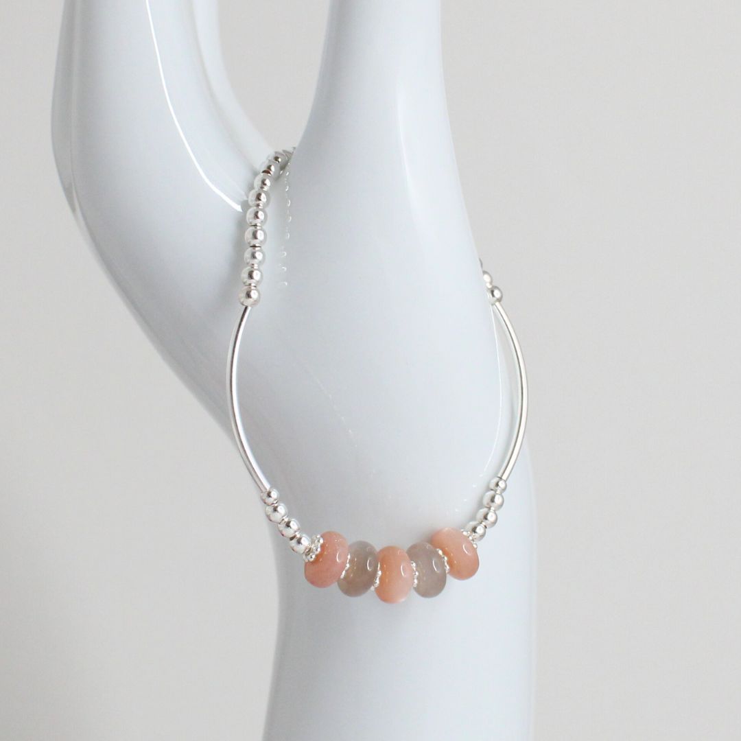 Sterling Silver Beaded Stacking Bracelet with Peach Moonstone - Peach Whisper