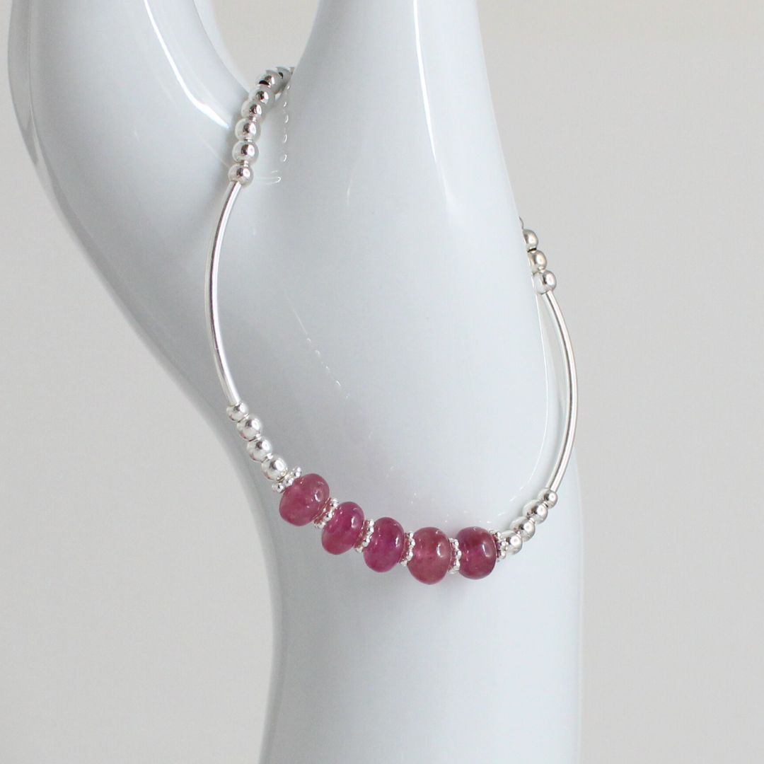 Sterling Silver Beaded Stacking Bracelet with Pink Sapphire - Pink Horizon