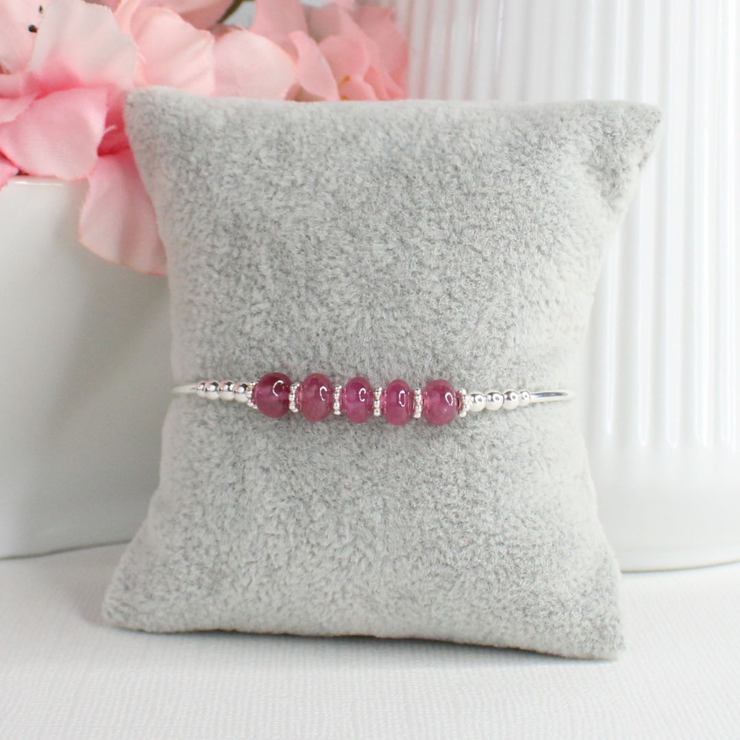 Sterling Silver Beaded Stacking Bracelet with Pink Sapphire - Pink Horizon