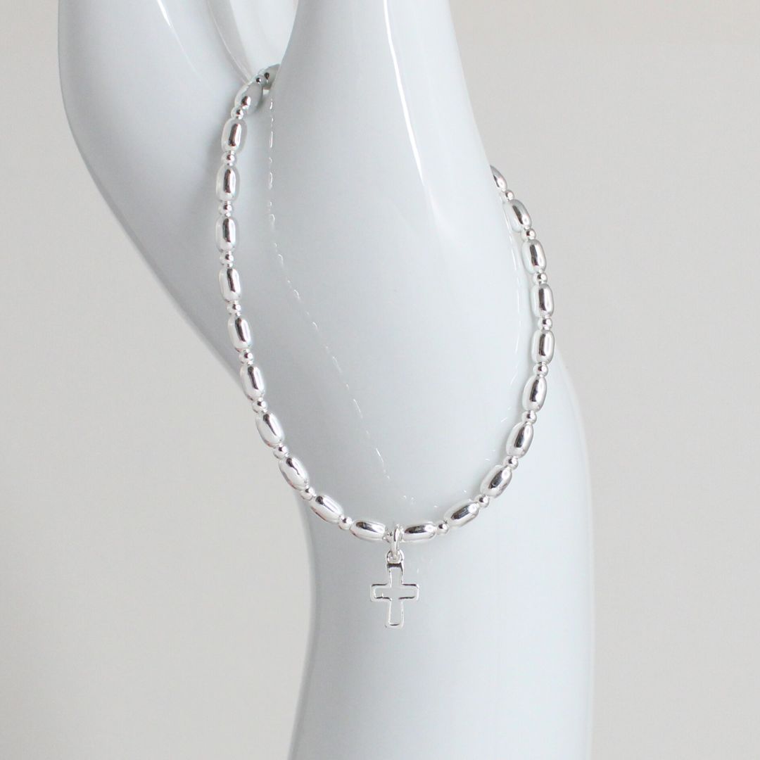 Small Open Cross Charm Silver Bead Stacking Bracelet - Anna