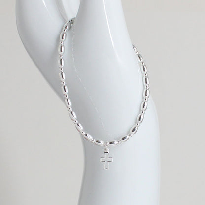 Small Open Cross Charm Silver Bead Stacking Bracelet - Anna