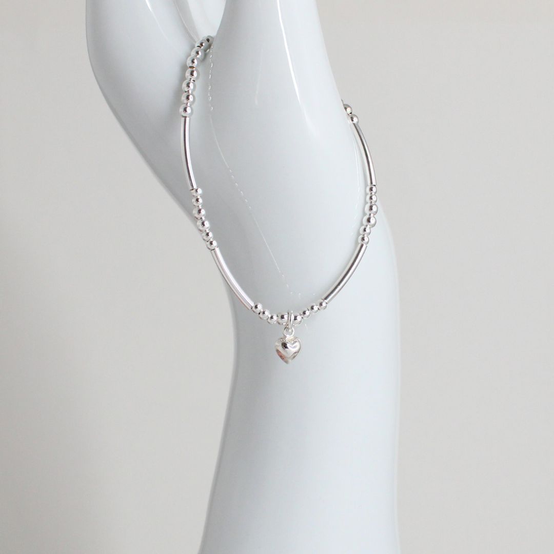 Small Puffed Heart Charm Beaded Stacking Bracelet - Tessa