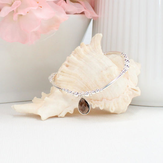 Sterling Silver Beaded Stacking Bracelet with Smokey Topaz – Elara - Limited Edition