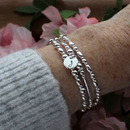 Sterling Silver Stacking Bracelet with Mia Initial Charm – Special Edition
