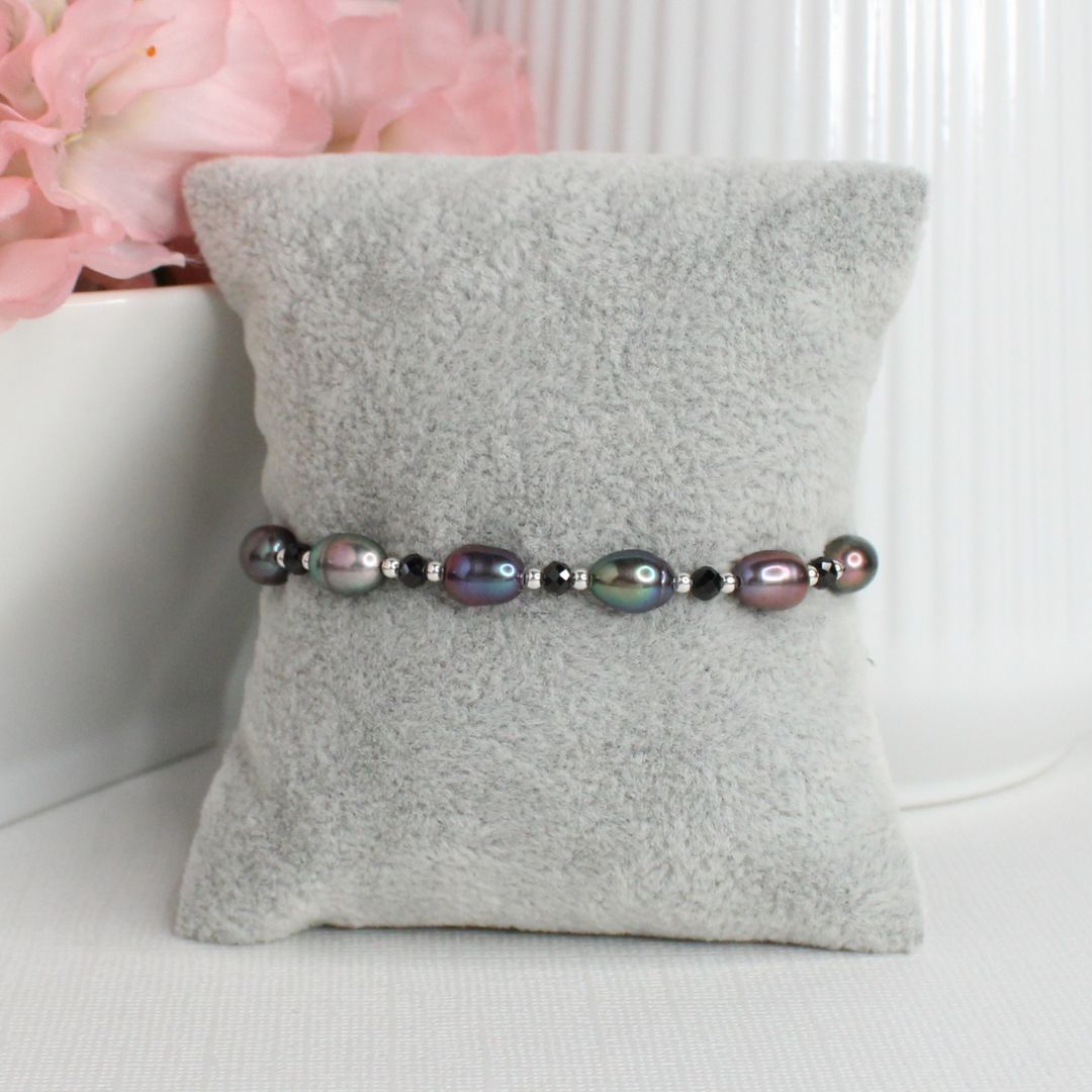 Sterling Silver Beaded Stacking Bracelet with Peacock Pearl & Black Spinel  - Twilight Tide