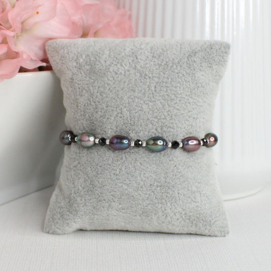 Sterling Silver Beaded Stacking Bracelet with Peacock Pearl & Black Spinel  - Twilight Tide