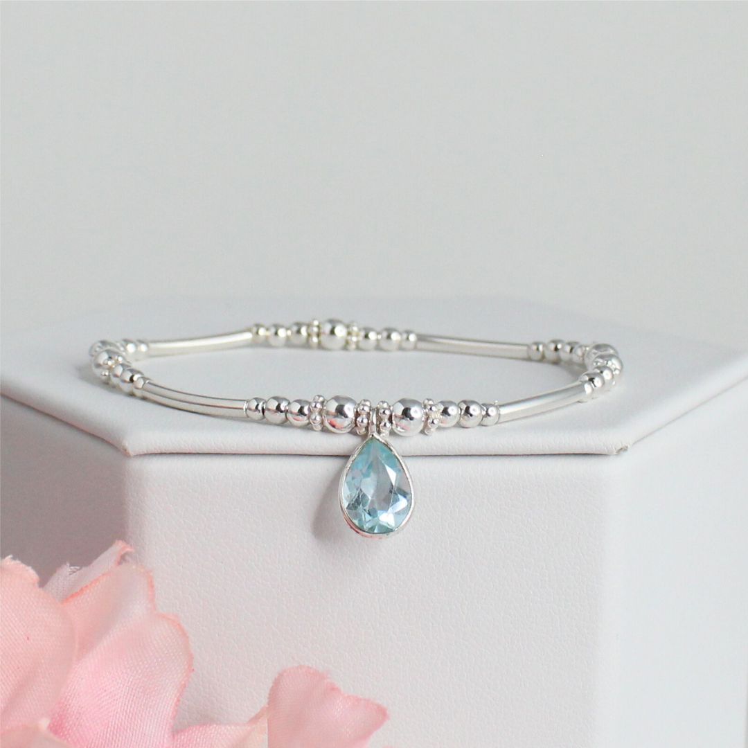 Sterling Silver Beaded Stacking Bracelet with Aquamarine – Celeste - Limited Edition