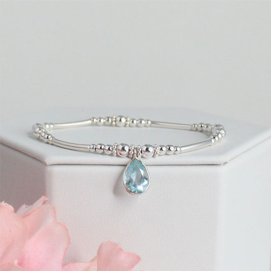Sterling Silver Beaded Stacking Bracelet with Aquamarine – Celeste - Limited Edition