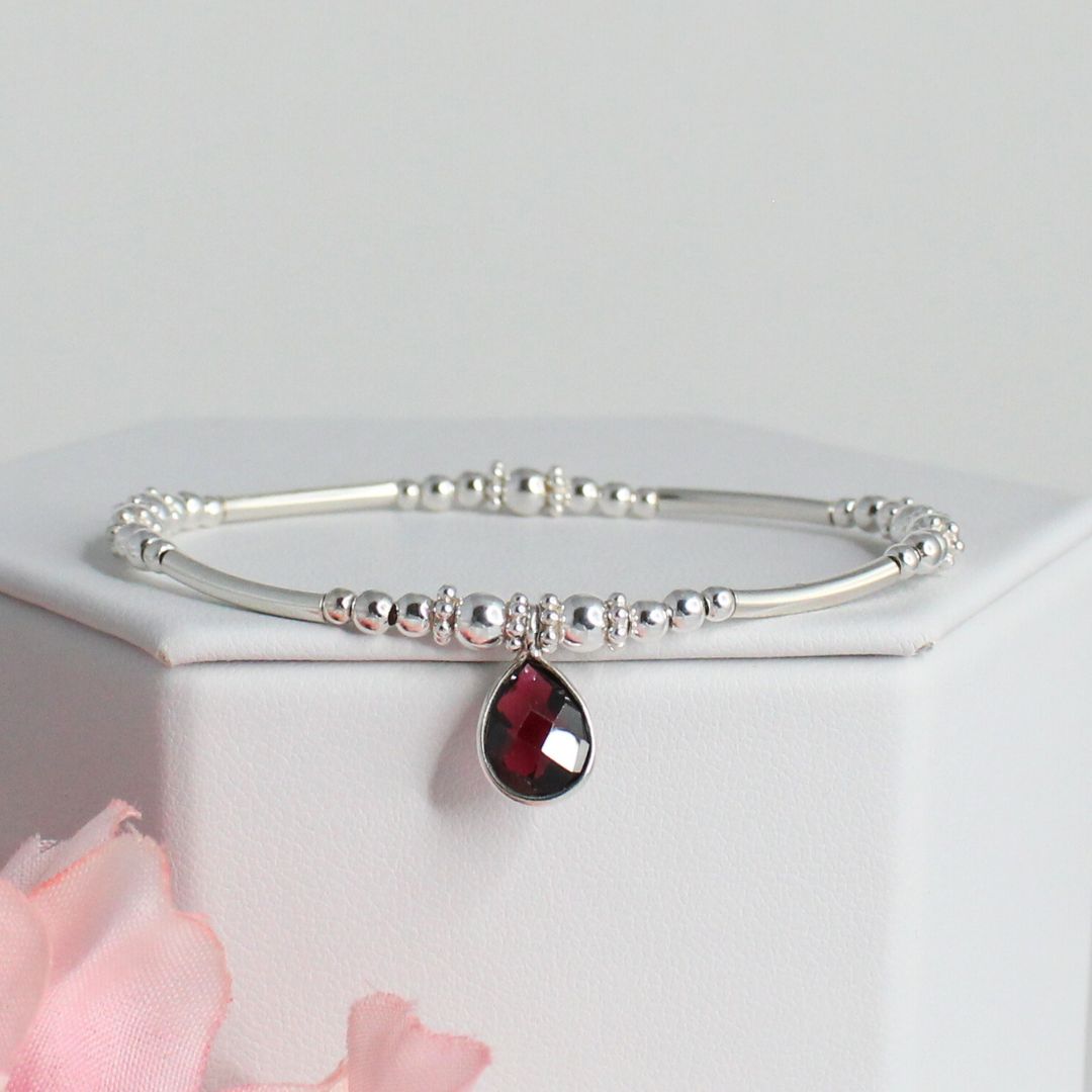 Sterling Silver Beaded Stacking Bracelet with Garnet – Delphine - Limited Edition