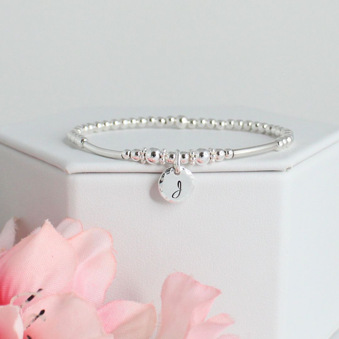 Sterling Silver Stacking Bracelet with Mia Initial Charm – Special Edition