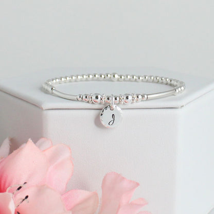 Sterling Silver Stacking Bracelet with Mia Initial Charm – Special Edition