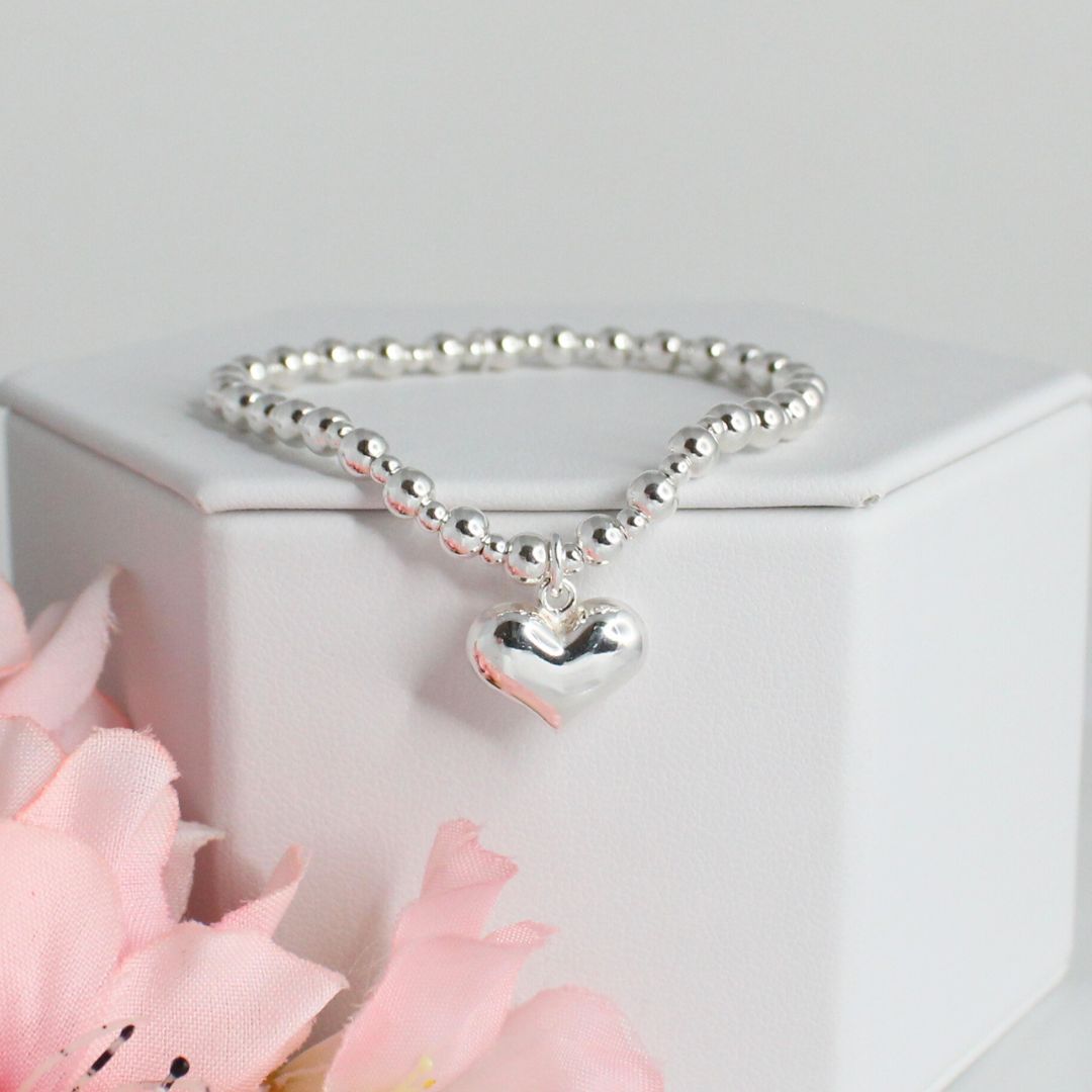 Large Puffed Heart Charm Silver Bead Stacking Bracelet - Lydia