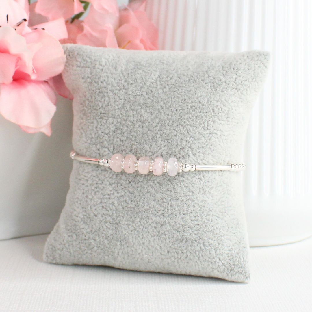 Sterling Silver Beaded Stacking Bracelet with Morganite - Sunset Whisper