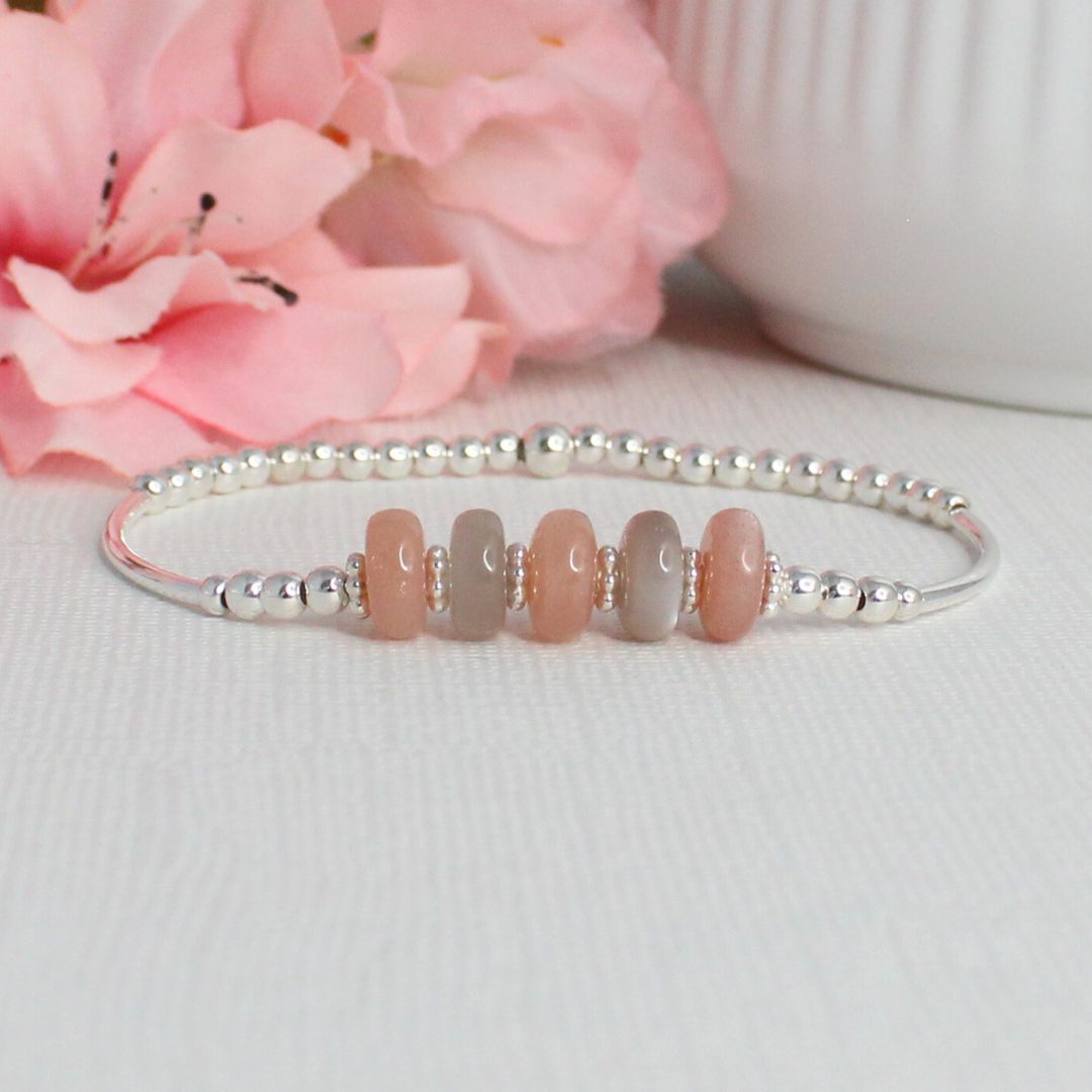 Sterling Silver Beaded Stacking Bracelet with Peach Moonstone - Peach Whisper