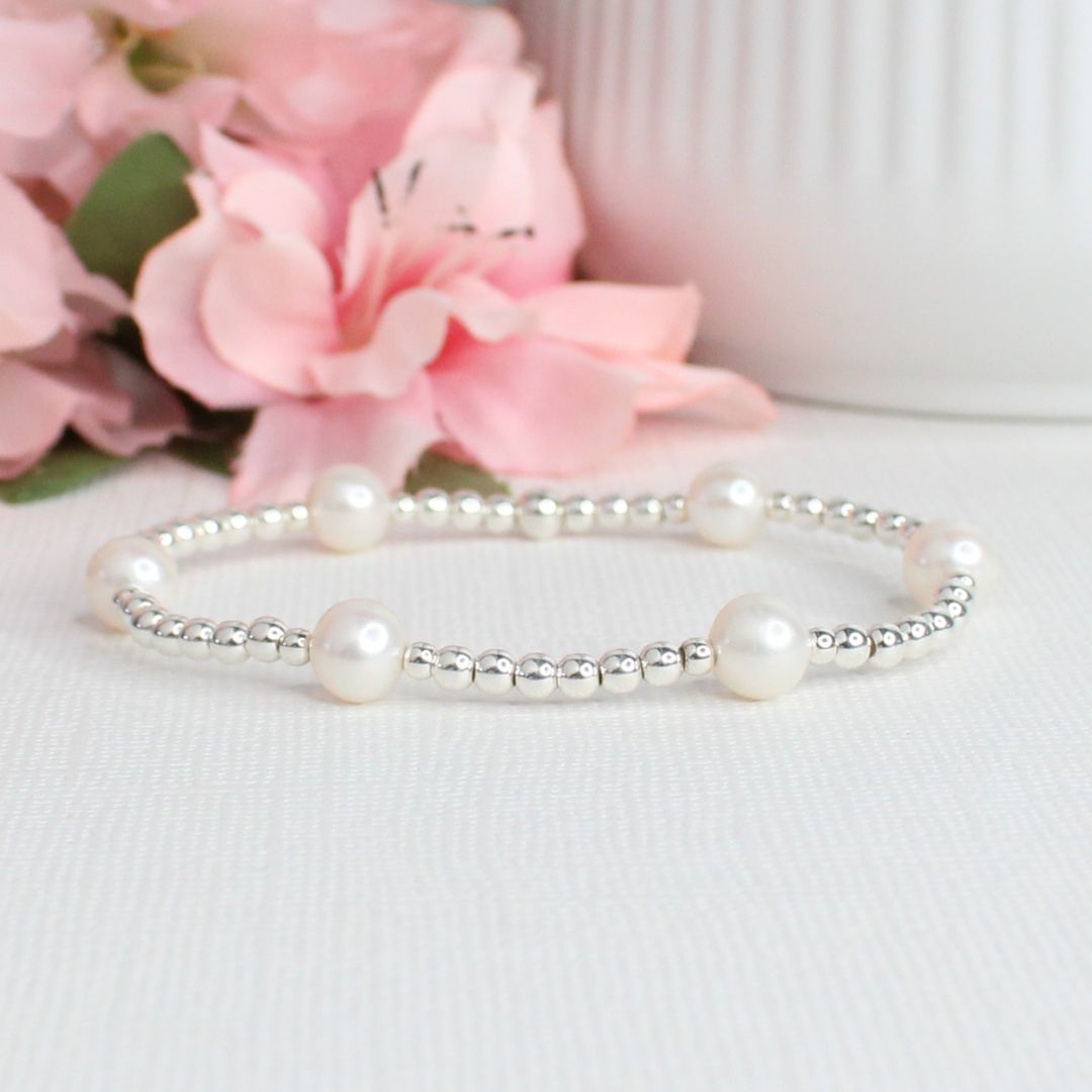 Pearl Sterling Silver Bead Stacking Bracelet - Moonlight Glow
