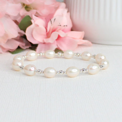 Sterling Silver Beaded Stacking Bracelet with Pearls - Pearl Essence
