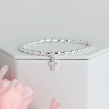Small Open Cross Charm Silver Bead Stacking Bracelet - Anna
