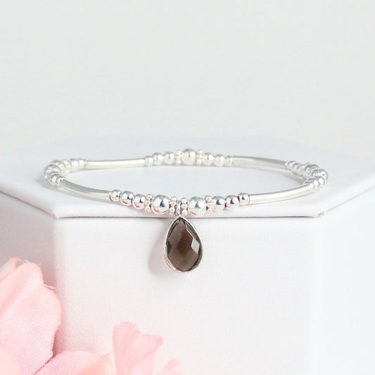 Sterling Silver Beaded Stacking Bracelet with Smokey Topaz – Elara - Limited Edition