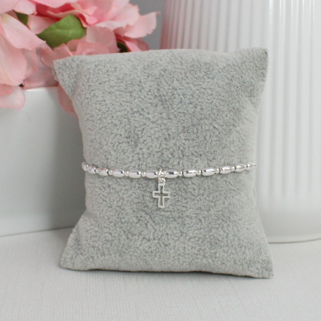 Small Open Cross Charm Silver Bead Stacking Bracelet - Anna