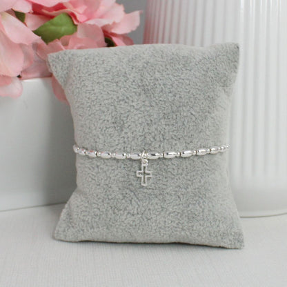 Small Open Cross Charm Silver Bead Stacking Bracelet - Anna