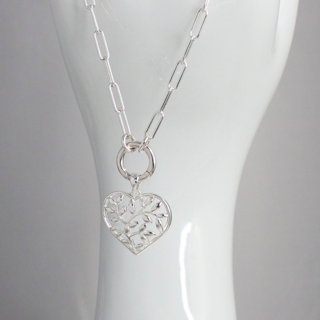 Sterling Silver Tree of Life Heart Pendant - Paperclip Chain with Charmer Clasp
