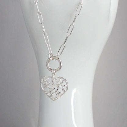 Sterling Silver Tree of Life Heart Pendant - Paperclip Chain with Charmer Clasp