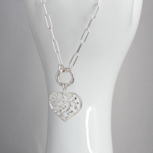 Sterling Silver Tree of Life Heart Pendant - Paperclip Chain with Charmer Clasp