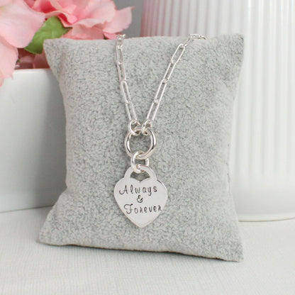 Sterling Silver Heart Pendant Paperclip Chain with Charmer Clasp - Always & Forever, Valentina grande