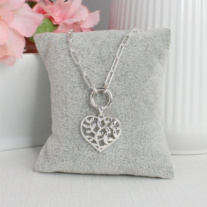 Sterling Silver Tree of Life Heart Pendant - Paperclip Chain with Charmer Clasp