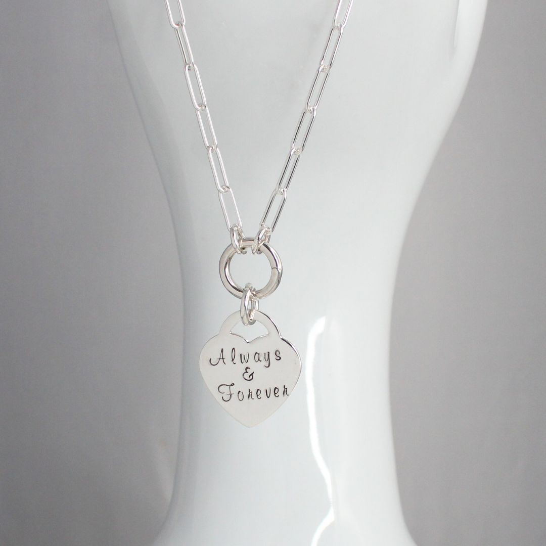 Sterling Silver Heart Pendant Paperclip Chain with Charmer Clasp - Always & Forever, Valentina grande