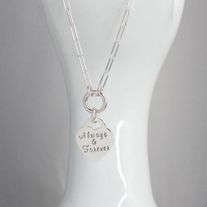 Sterling Silver Heart Pendant Paperclip Chain with Charmer Clasp - Always & Forever, Valentina grande