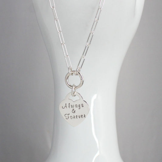 Sterling Silver Heart Pendant Paperclip Chain with Charmer Clasp - Always & Forever, Valentina grande