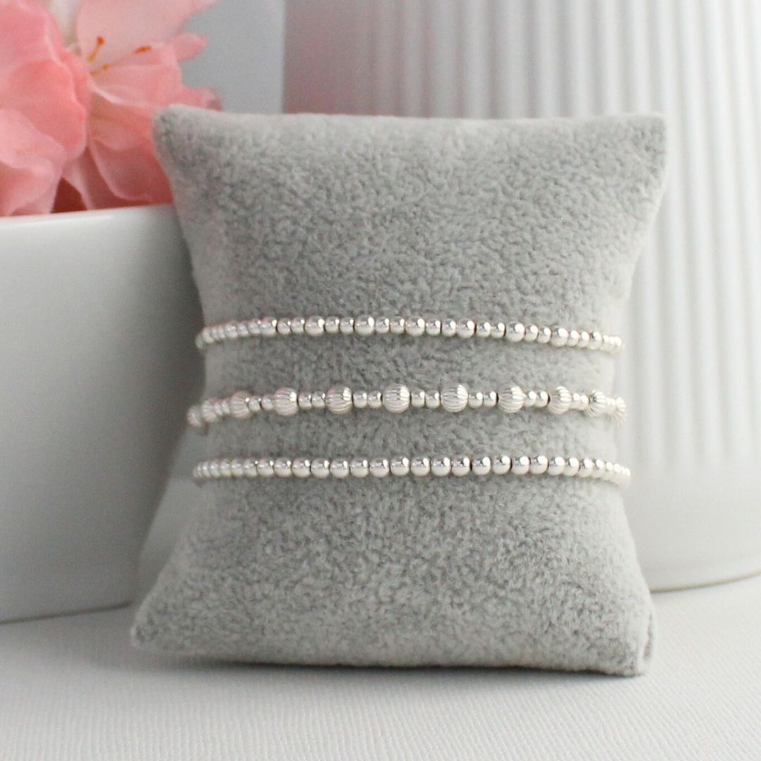 Sterling Silver Corrugated & Plain Beaded Stacking Bracelet - Cagliari