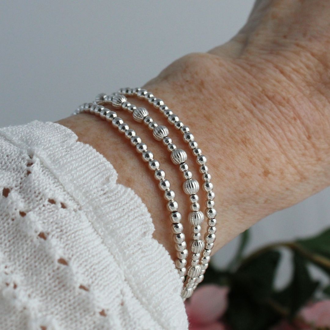Sterling Silver Corrugated & Plain Beaded Stacking Bracelet - Cagliari