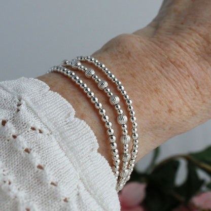 Sterling Silver Corrugated & Plain Beaded Stacking Bracelet - Cagliari