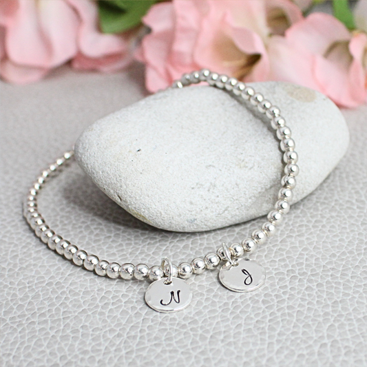 Sterling Silver 3mm Bead Bracelet with Initial Love Drop Charm